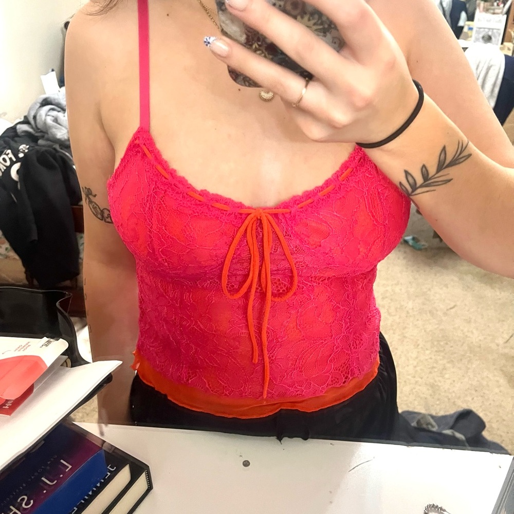 Amazon Women's Pink and Orange Lace Tank Top
